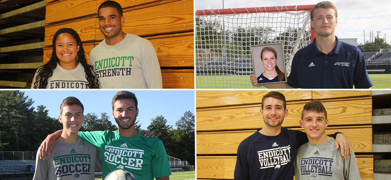 This photo is a four-photo collage featuring eight Endicott student-athletes that make up four sets on siblings on campus. Pictured (clockwise)are Jessica and Carter Glenn of the Endicott women's and men's lacrosse teams, Chad and Troy Riorden of the men's volleyball team, Conner and Evan Couchot of the men's soccer team, and Catie and Chris Lipscomb of the women's and men's basketball teams.