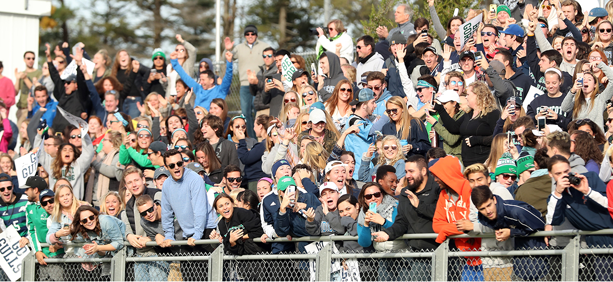 Fans cheer at an Endicott Athletics game.
