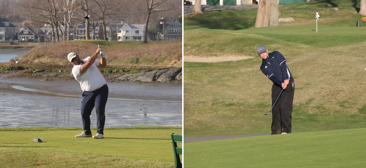 Split image of Athan Goulos taking his tee shot on the left, and Ben Palazzo chipping onto the green on the right.