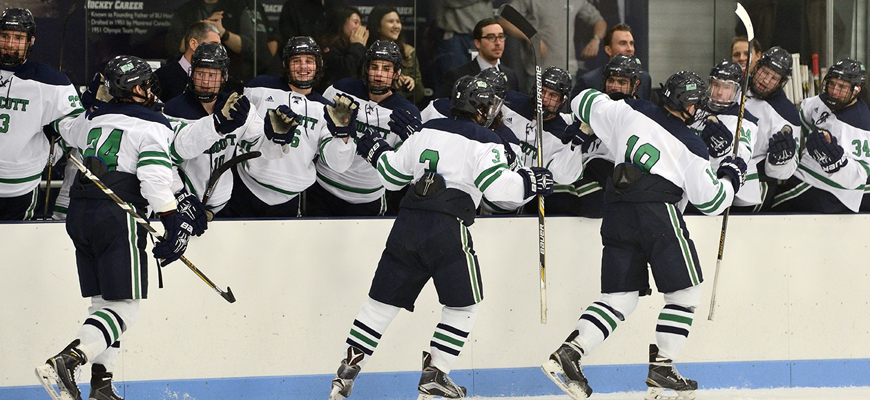 The Endicott men's ice hockey team celebrates with the bench after scoring a goal.