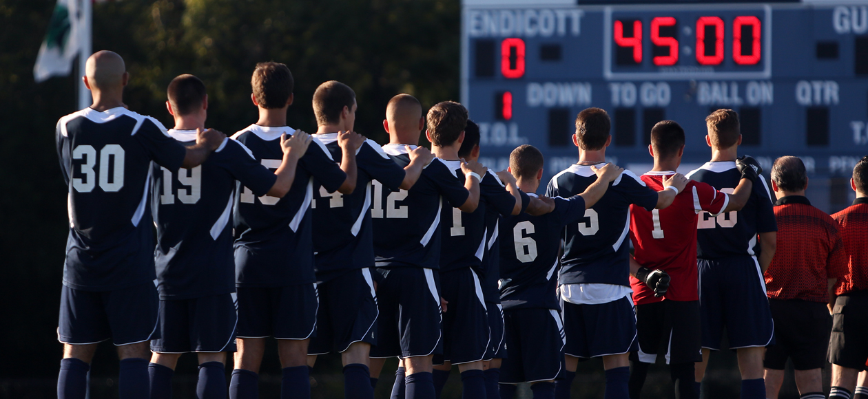 Endicott men's soccer team lined up for the national anthem prior to the start of a match. Photo courtesy of David Le.