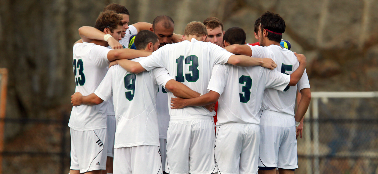 Endicott men's soccer team huddle. Photo courtesy of David Le.