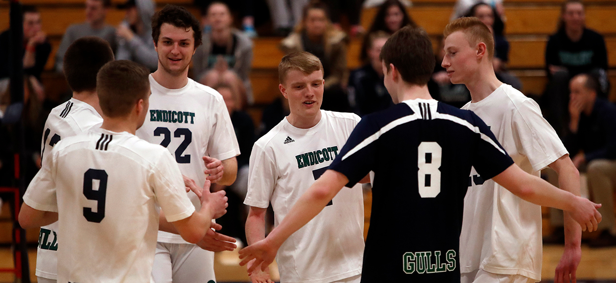 The Endicott men's volleyball team celebrates a point.
