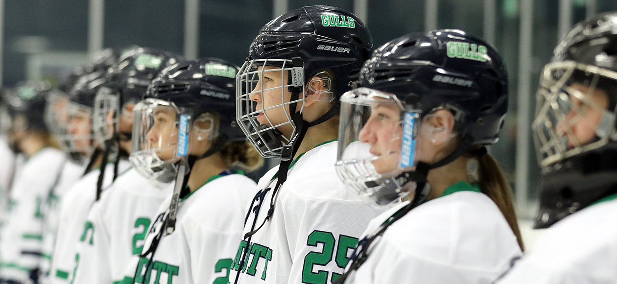 The Endicott women's ice hockey team stands during the National Anthem. 