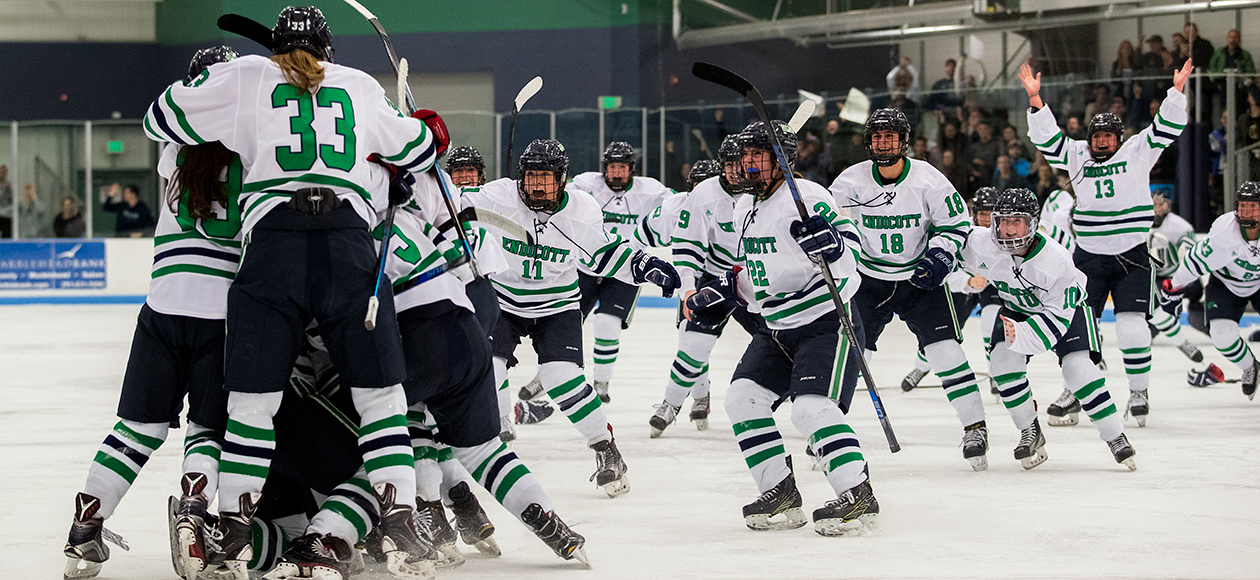 The Endicott women's ice hockey team celebrates a championship victory.