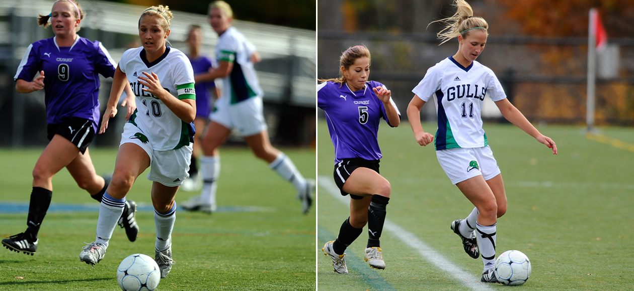 This is an image of Kayla and Karyn Plante. They are twin sisters who played women's soccer at Endicott and graduated in 2011. The sisters are shown here in two side by side images in uniform kicking soccer balls during a game.