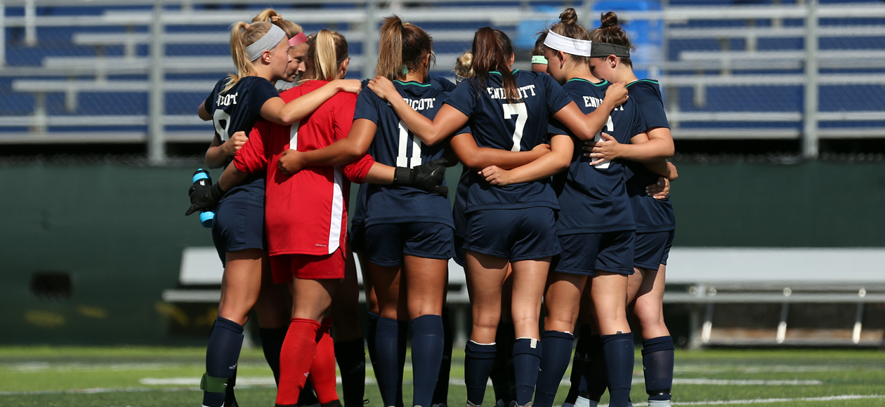 Image of the Endicott women's soccer team starters huddling together before a match.