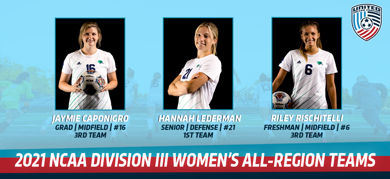 Graphic of Jaymie Caponigro, Hannah Lederman and Rylie Rischitelli and their respective United Soccer Coaches All-Region honors.
