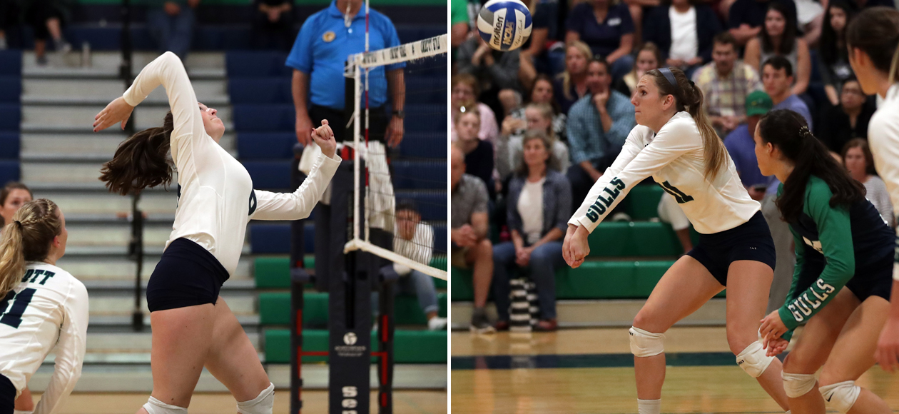 Split image of Colleen McAvoy (left) and Emma Mancini (right) in action on the court.