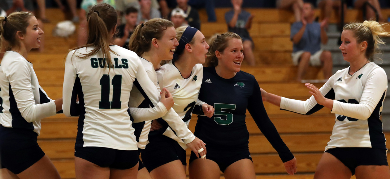 Image of the women's volleyball team celebrating a point against Amherst.