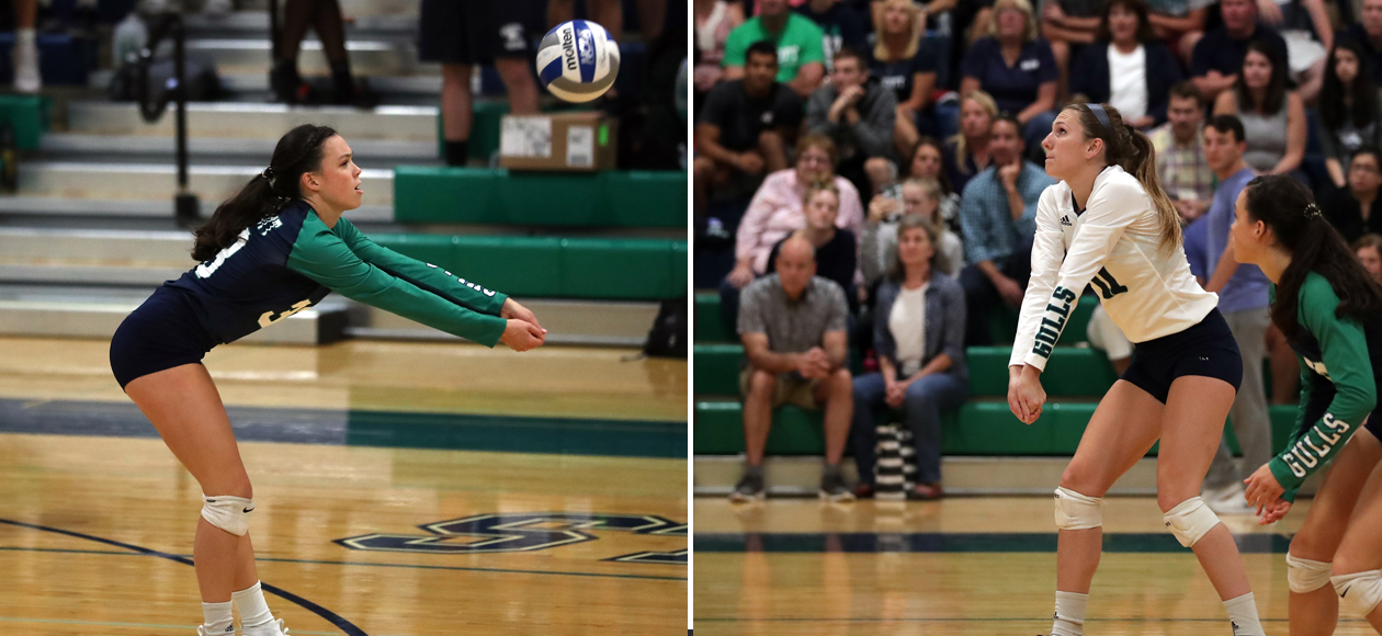 Split image showing Mackenzie Kennedy passing a ball on the left, and Emma Mancini passing a ball on the right.