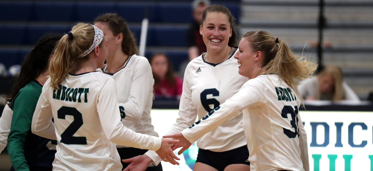 The women's volleyball team celebrates after winning a point.