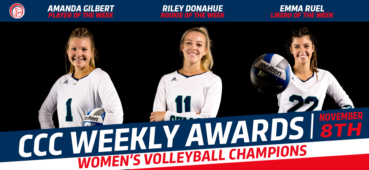 Graphic with (Left to Right) Amanda Gilbert, Riley Donahue and Emma Ruel in different poses for their CCC weekly awards.