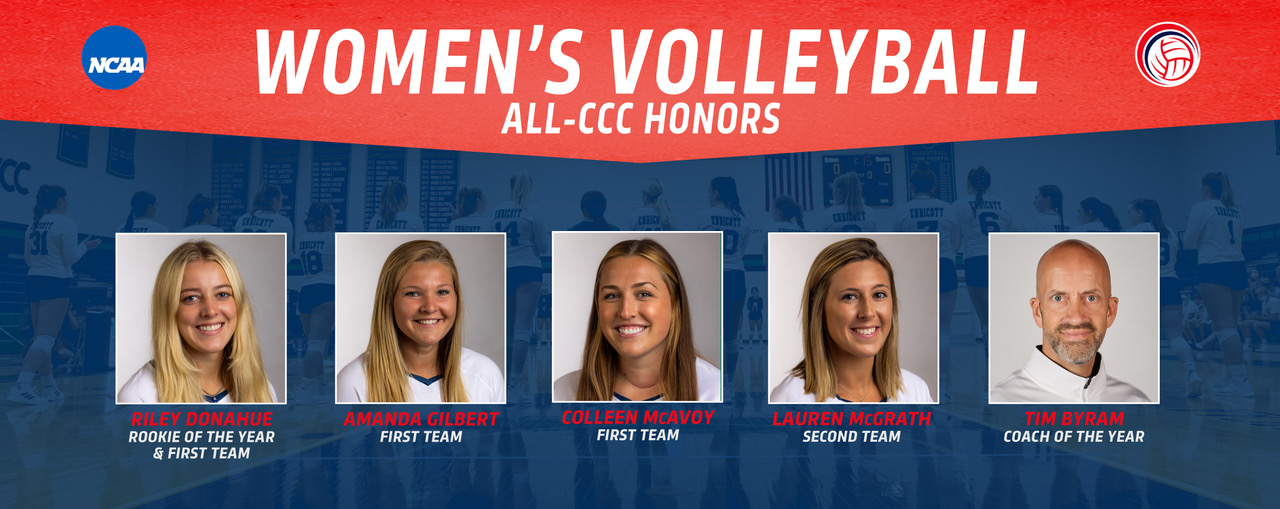 Graphic of the five headshots for All-CCC honorees for the Endicott women's volleyball team.
