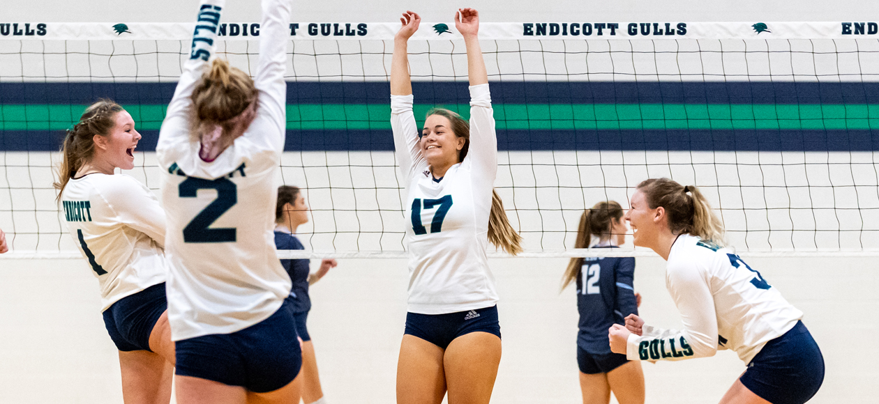 Members of the women's volleyball team celebrate a kill during the team's 3-0 CCC title win against Roger Williams in 2019.