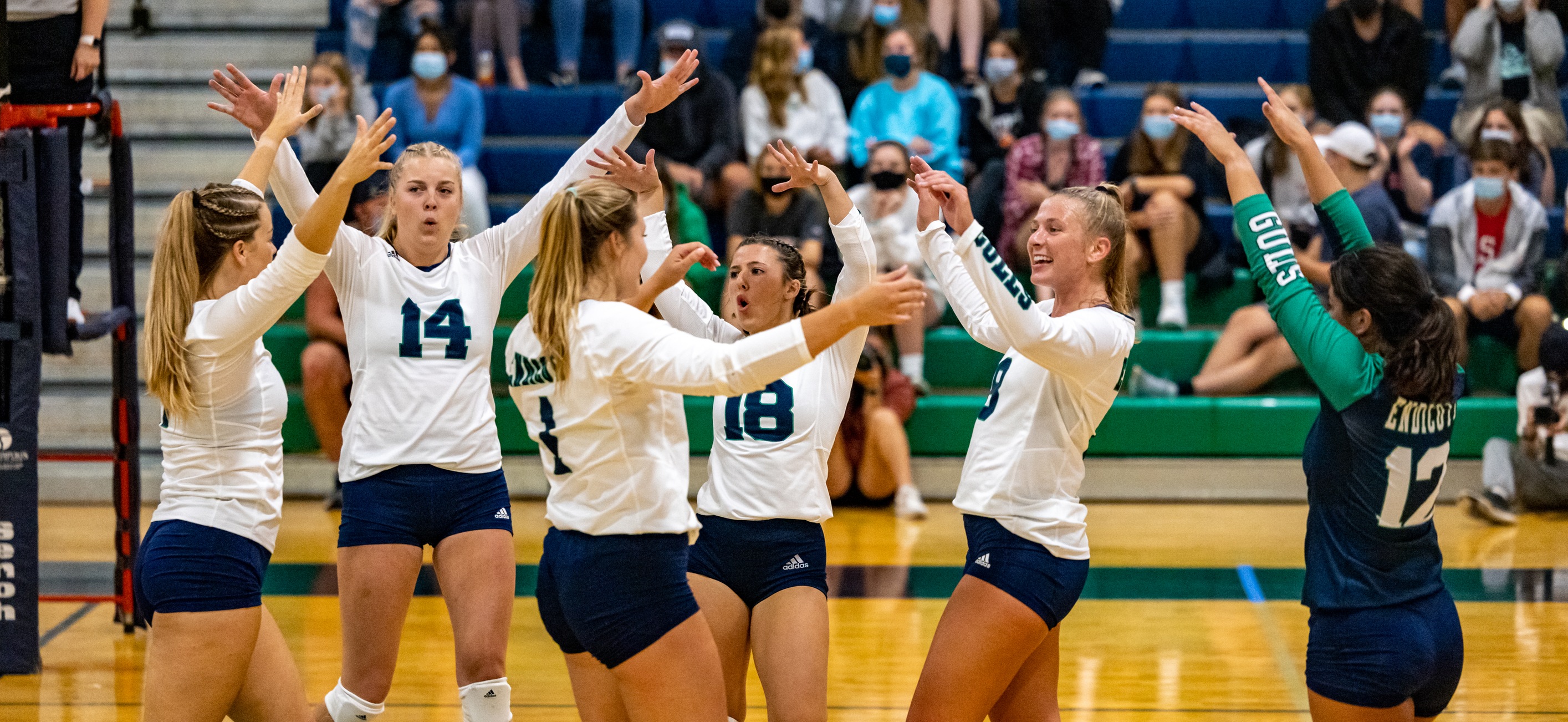 The Endicott women's volleyball team celebrates a block in the team's sweep of USM to open the 2021 season.