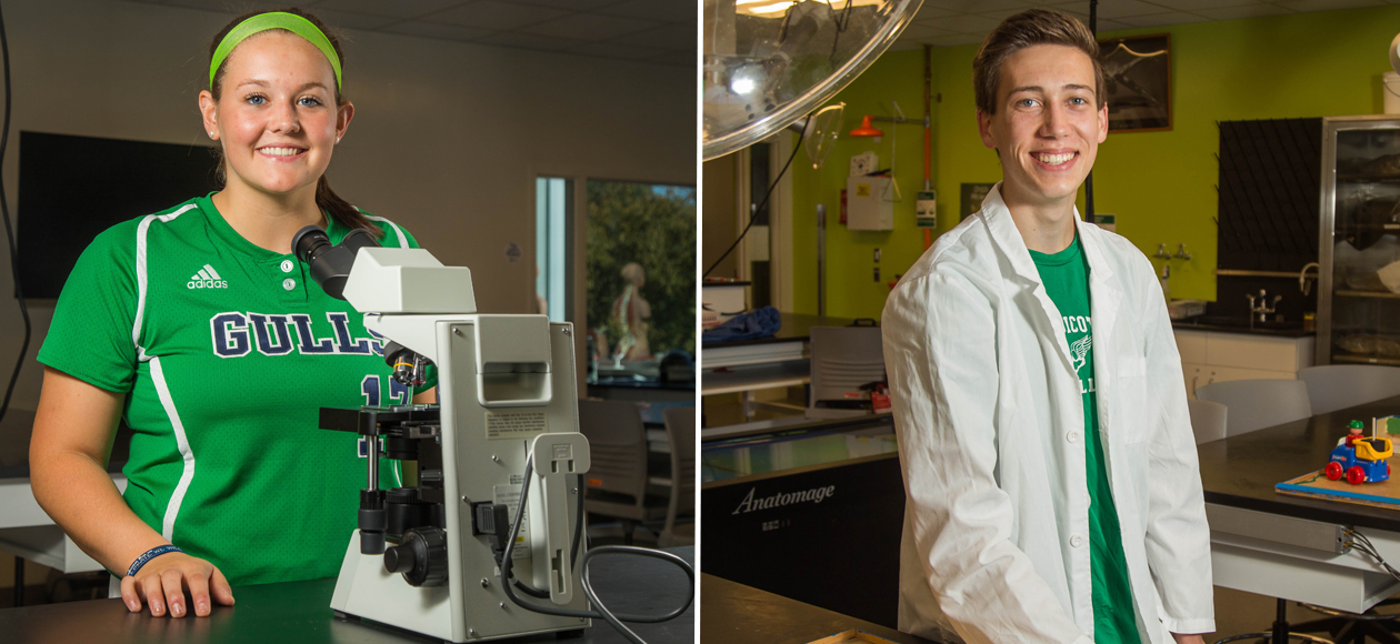 This side-by-side photo of Endicott softball student athlete Emily Sharpe on the left and Endicott men's cross country runner Eric Owens on the right was taken by Endicott student Parker Fish. The photos show both Emily and Eric in a laboratory classroom. Emily is looking through a microscope, while Eric is smiling and wearing his white lab coat.
