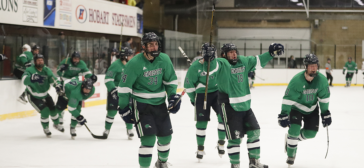 The Endicott men's ice hockey team celebrates its NCAA Tournament first round win over No. 4/5 nationally ranked Hobart.
