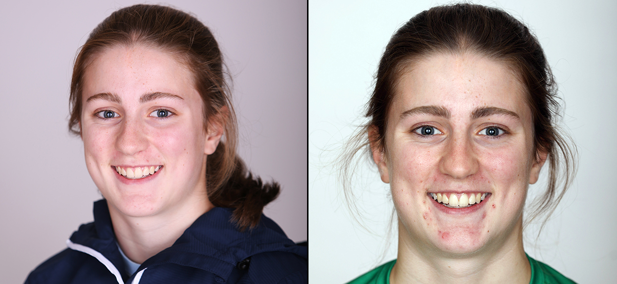 Split photo of Samantha Crowley as a freshman and a senior.