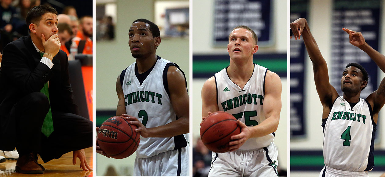 Endicott men's basketball team's all-conference selections pose for a photo collage.