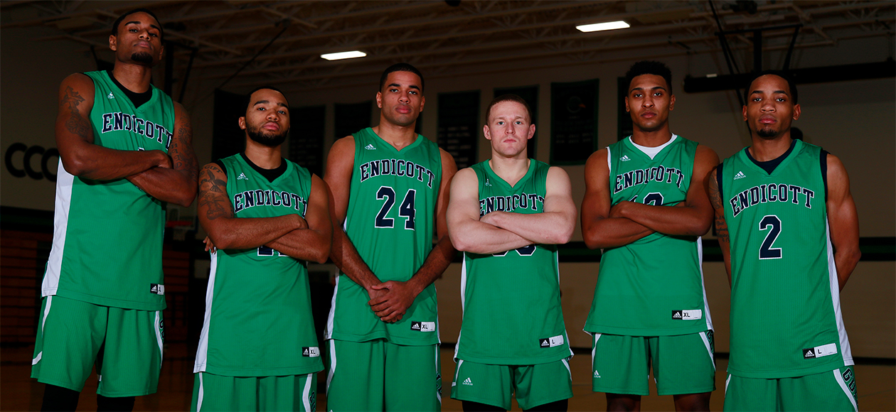 The Endicott men's basketball team's senior class poses for a photo together on Senior Day.