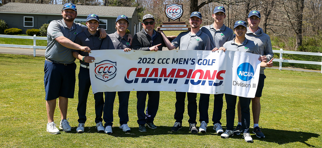 The Endicott men's golf team poses with the championship trophy and banner following the victory at the CCC Championship.