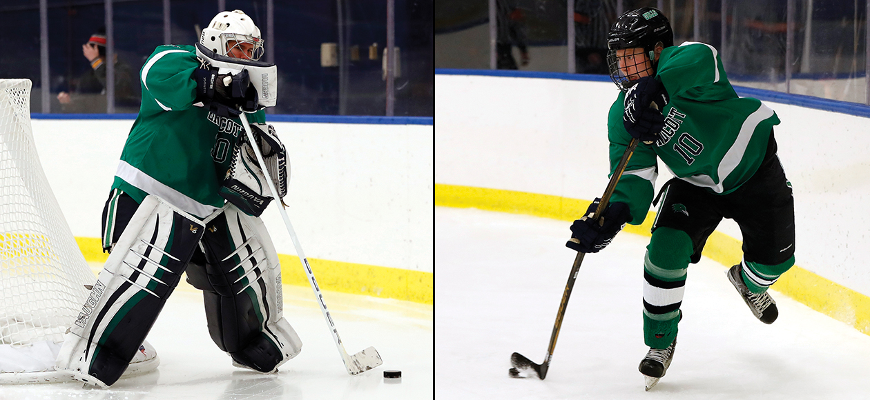 Kevin Aldridge plays a puck behind the net on the left, while Jason Kalinowski passes a puck from behind the net on the right.