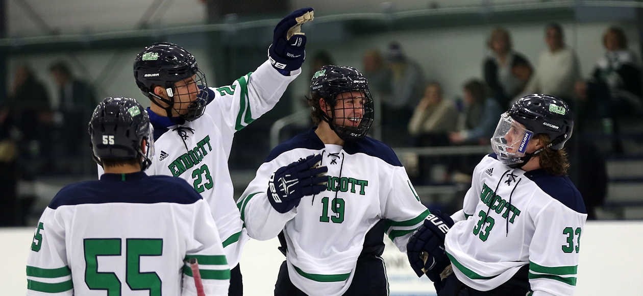 Cam Bleck, Ross Olsson, Logan Day, and Tommy Besinger celebrate a goal.