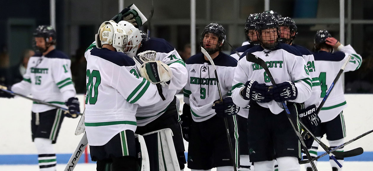 The Endicott men's ice hockey team huddles up after a loss.