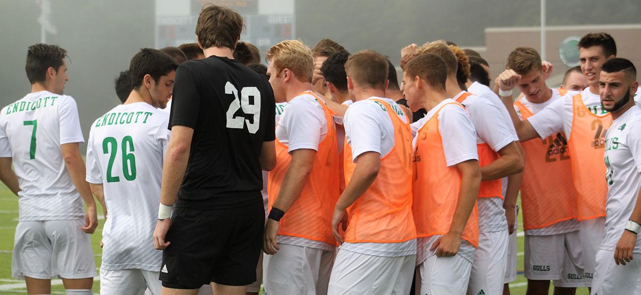 The Endicott men's soccer team huddles up before a game.