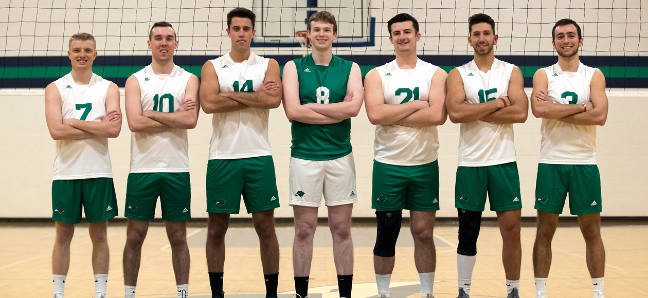 Photo of seven men's volleyball seniors at the net.