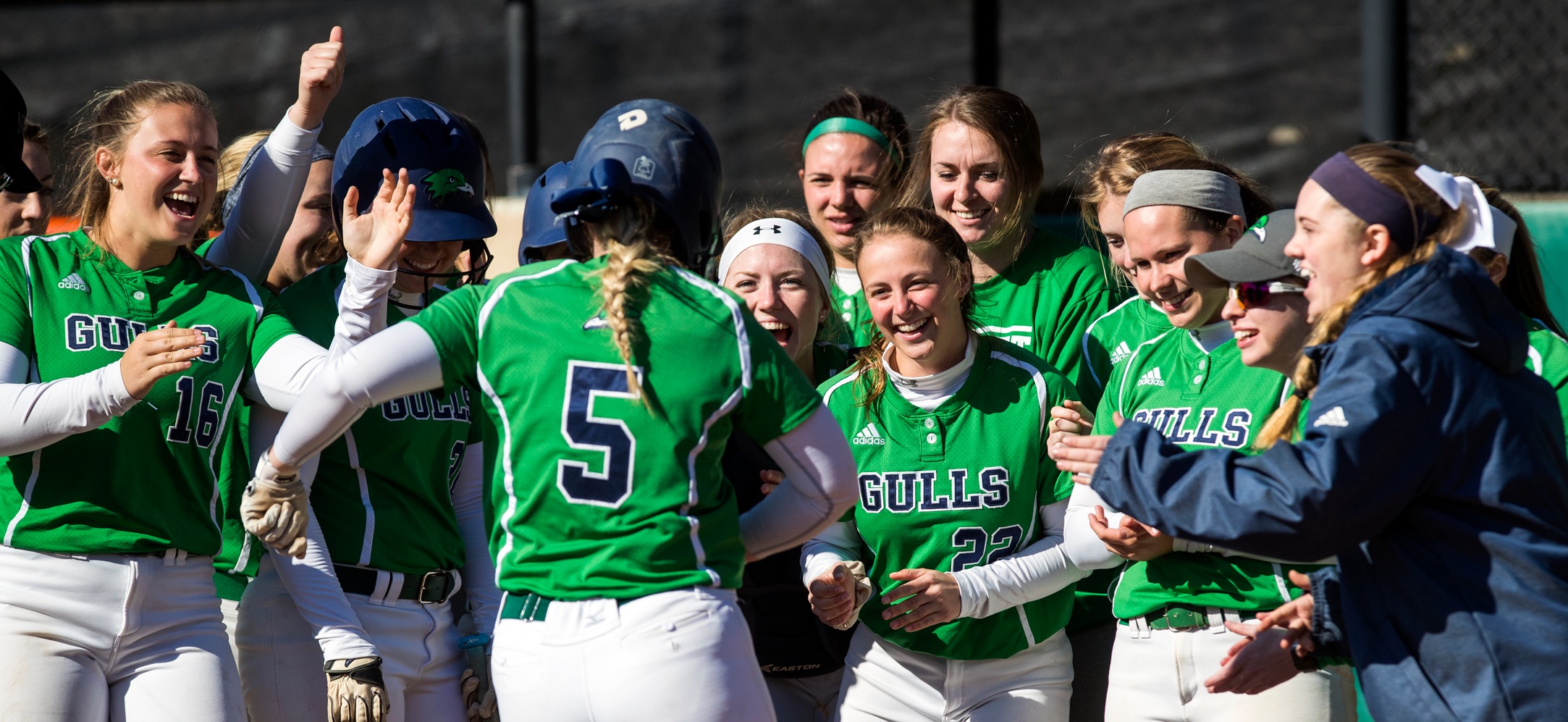 Members of the Endicott softball team congratulate Adrianna Favreau on a home run. 