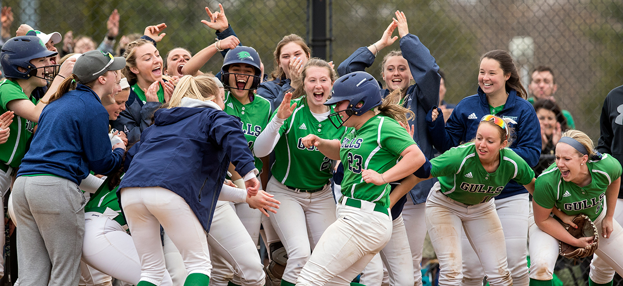 Members of the softball team celebrate around the plate after Hayley Arduini hits a home run. 