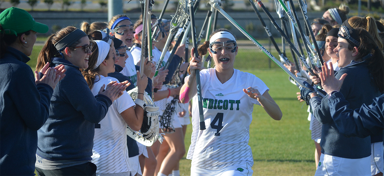 Jennifer Lacroix is announced as a starter for the Endicott women's lacrosse team before a game.