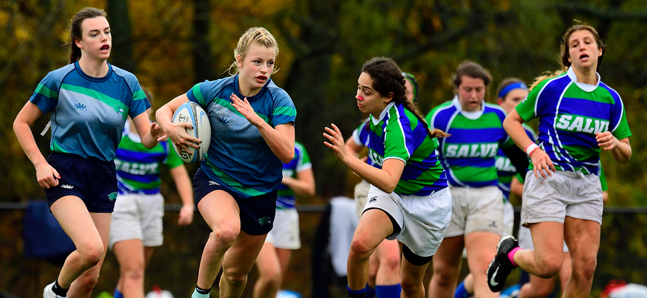 Women's rugby action.