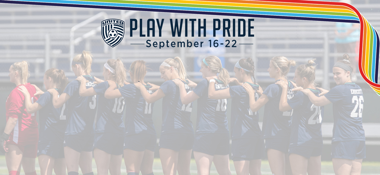 Graphic of the Play With Pride rainbow lace over a picture of the Endicott women's soccer team's starting lineup.