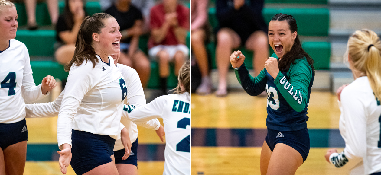 Split image of Colleen McAvoy (right) and Mackenzie Kennedy (left) celebrating points with their teammates.