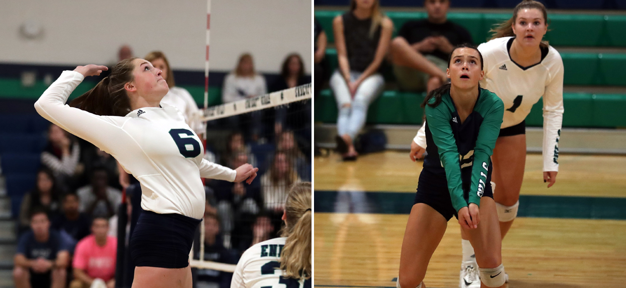 Split image of Colleen McAvoy hitting at the net on the left, and Mackenzie Kennedy receiving a free ball on the right.