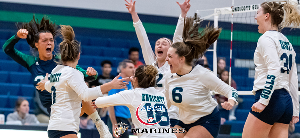 The women's volleyball team celebrates the winning point in the CCC championship match against Roger Williams.