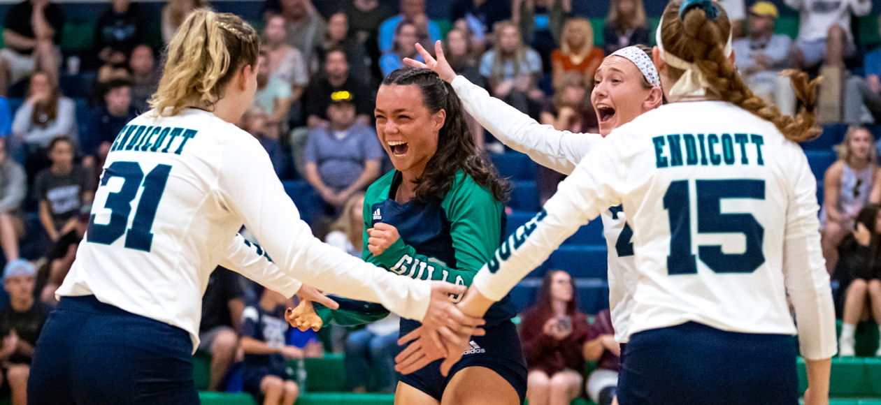 Zoey Gifford, Mackenzie Kennedy, Remi Quesnelle and Krystina Schueler celebrate a point on Homecoming.