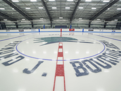 Ice-level view of the Raymond J. Bourque Arena surface.